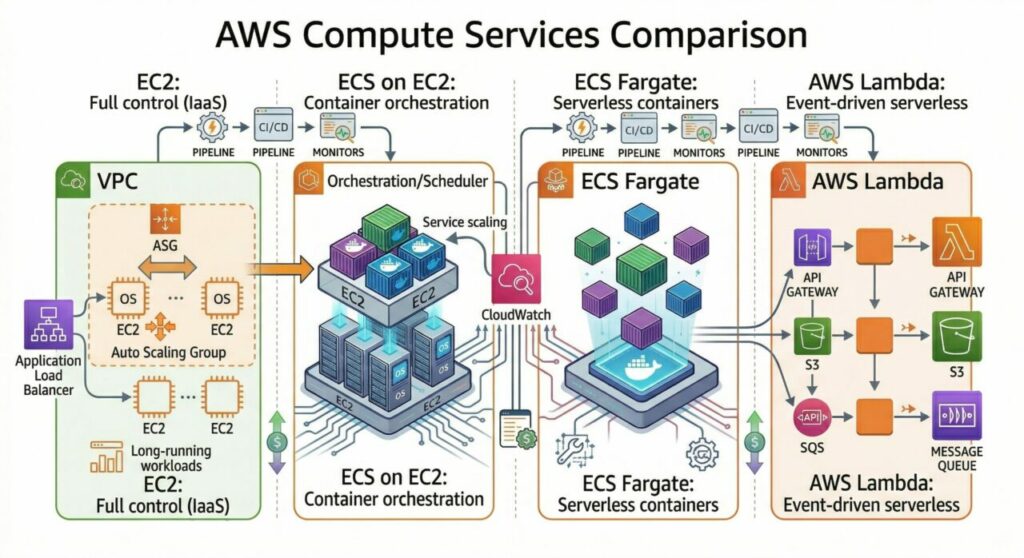 Diagrama comparativo de serviços de computação da AWS mostrando quatro modelos: EC2, ECS em EC2, ECS Fargate e AWS Lambda. A imagem apresenta colunas separadas destacando máquinas virtuais com controle total (EC2), orquestração de contêineres em cluster (ECS), execução de contêineres sem servidor (Fargate) e funções serverless orientadas a eventos (Lambda). Inclui elementos como auto scaling, balanceamento de carga, pipelines de CI/CD, gatilhos de eventos (API Gateway, S3, SQS) e monitoramento com CloudWatch, evidenciando diferenças de gerenciamento, escalabilidade e modelo de custo sob a perspectiva de FinOps.
