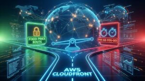 Infográfico ilustrando a decisão de precificação do AWS CloudFront, mostrando uma bifurcação entre a 'Rota de Preço Fixo' e a 'Rota Pague por Uso' com uma balança no centro