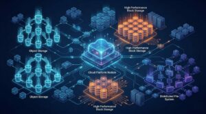 Ilustração de arquitetura cloud comparando modelos de armazenamento object, block e file system utilizados em serviços como S3, EBS e EFS na AWS.
