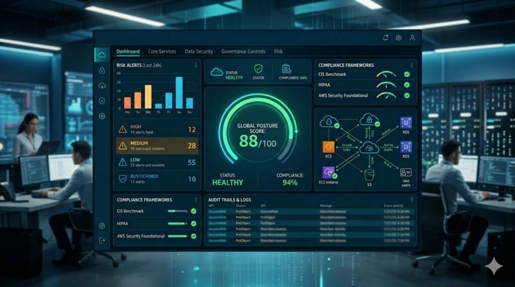 Painel conceitual de segurança em nuvem na AWS com indicadores de monitoramento, conformidade e proteção de dados