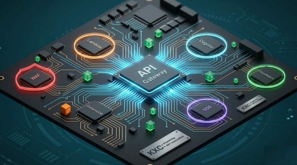 Ilustração 3D isométrica de uma placa de circuito futurista com o Amazon API Gateway no centro, conectado a serviços AWS como Lambda, DynamoDB, SQS, Cognito, CloudWatch e WAF, representando uma arquitetura de APIs escalável e segura.